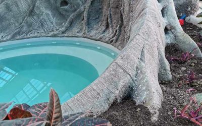 Décor tropical de piscine en béton sculpté – DOMAINE DES ORMES